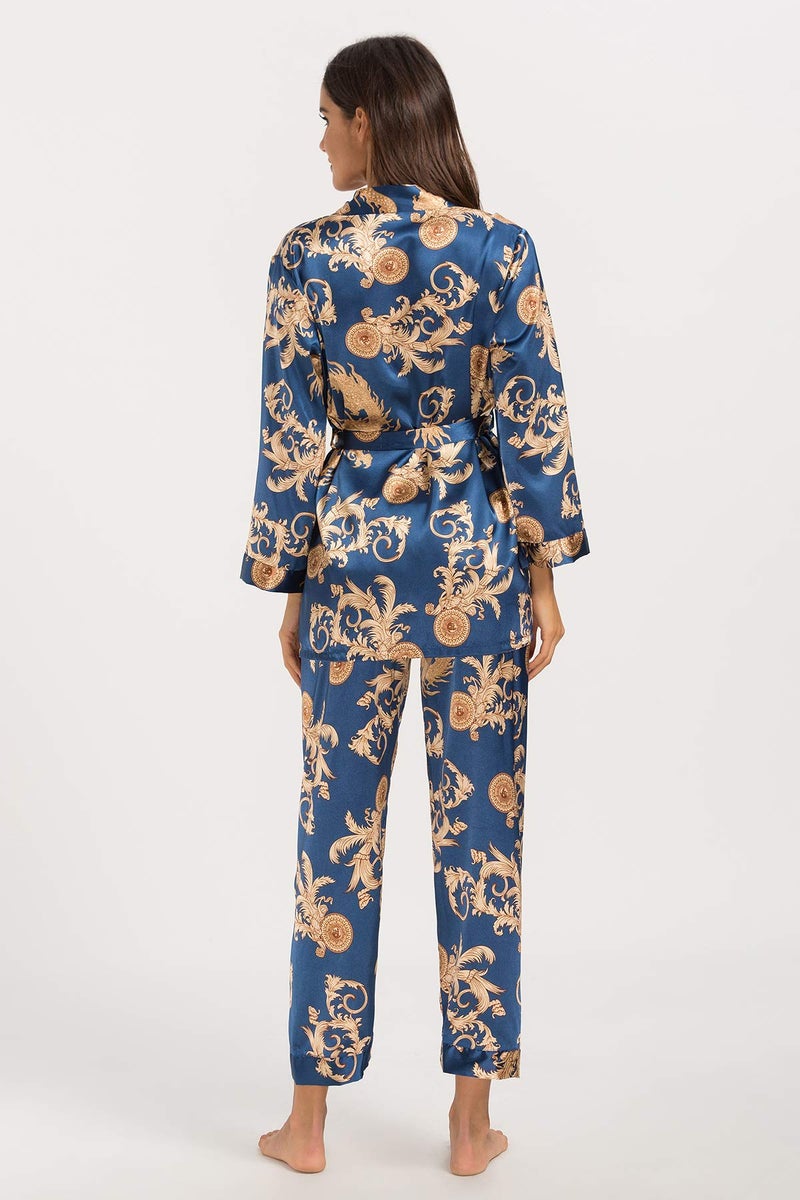 Escalier Women's Silk Satin Pajamas Set 3 Pcs Floral Silky Pj Sets Sleepwear Cami Nightwear with Robe and Pants Navy M - Image 5
